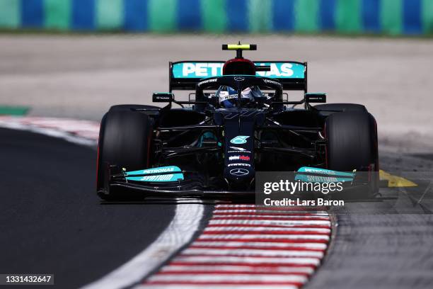 Valtteri Bottas of Finland driving the Mercedes AMG Petronas F1 Team Mercedes W12 during practice ahead of the F1 Grand Prix of Hungary at...