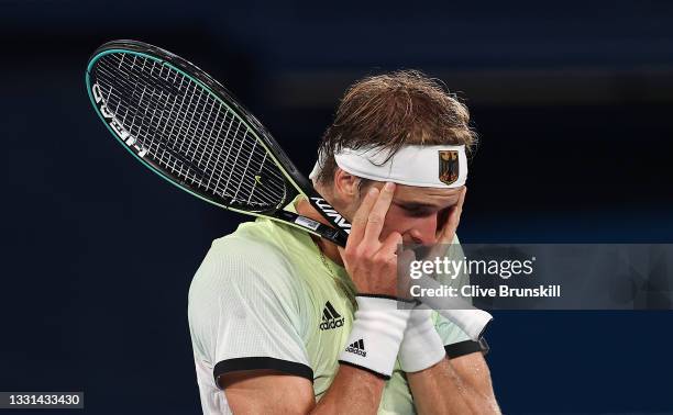 Alexander Zverev of Team Germany celebrates victory after his Men's Singles Semifinal match against Novak Djokovic of Team Serbia on day seven of the...