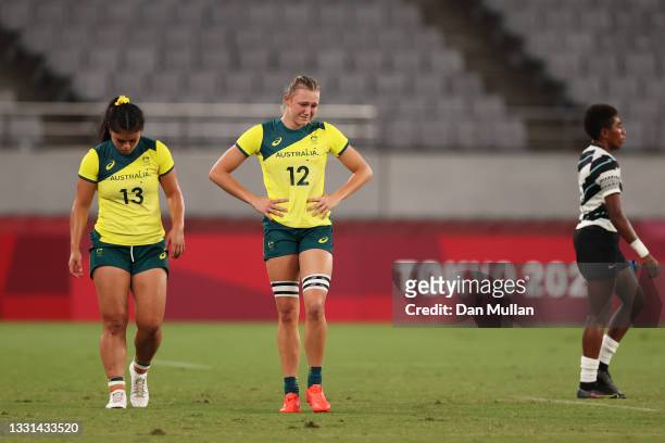 Alysia Lefau-Fakaosilea of Team Australia and Maddison Levi of Team Australia look dejected at full time in the Women’s Quarter Final match between...