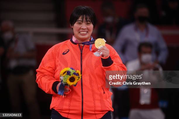 Akira Sone of Team Japan poses with the gold medal for the Women’s Judo +78kg event on day seven of the Tokyo 2020 Olympic Games at Nippon Budokan on...