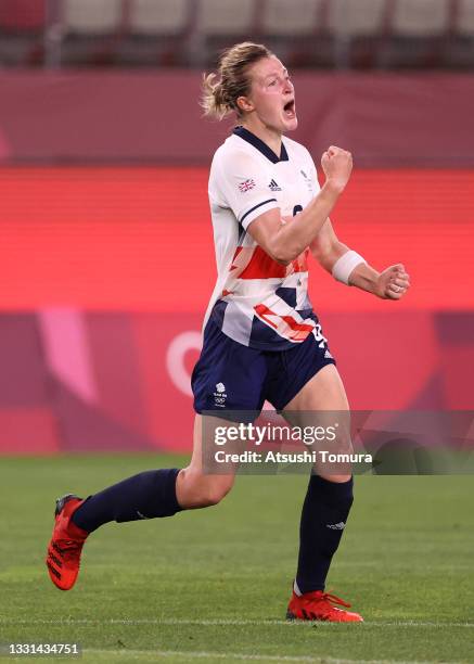 Ellen White of Team Great Britain celebrates after scoring their side's first goal during the Women's Quarter Final match between Great Britain and...