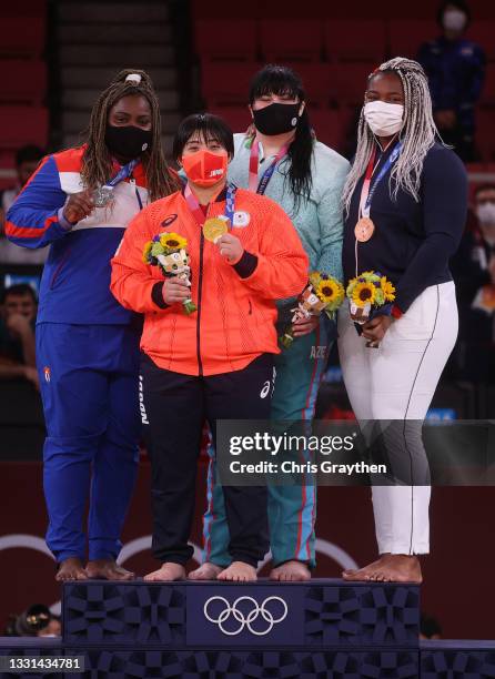 Silver medalist Idalys Ortiz of Team Cuba, gold Akira Sone of Team Japan, bronze medalist A Iryna Kindzerska of Team Azerbaijan and bronze medalist...