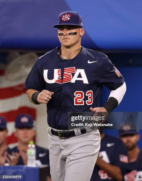 Tyler Austin of Team United States takes the field against Team Israel during the baseball opening round Group B game on day seven of the Tokyo 2020...