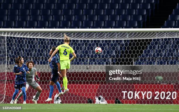 Magdalena Eriksson of Team Sweden scores their side's first goal during the Women's Quarter Final match between Sweden and Japan on day seven of the...