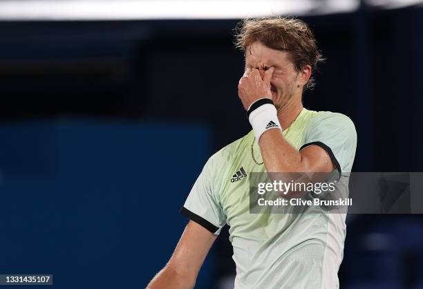 Alexander Zverev of Team Germany celebrates victory after his Men's Singles Semifinal match against Novak Djokovic of Team Serbia on day seven of the...
