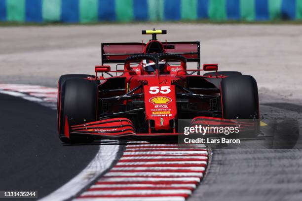 Carlos Sainz of Spain driving the Scuderia Ferrari SF21 during practice ahead of the F1 Grand Prix of Hungary at Hungaroring on July 30, 2021 in...