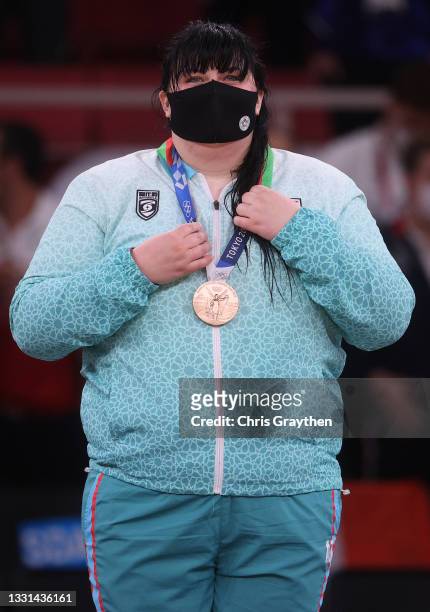 Iryna Kindzerska of Team Azerbaijan poses with the bronze medal for the Women’s Judo +78kg event on day seven of the Tokyo 2020 Olympic Games at...