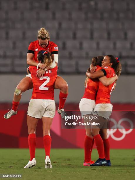 Megan Jones and Abbie Brown of Team Great Britain celebrate after defeating Team United States in the Women’s Quarter Final match between Team United...