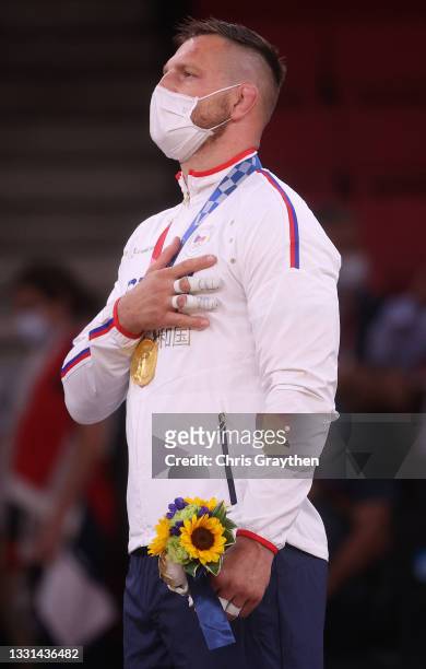 Lukas Krpalek of Team Czech Republic poses with the gold medal for the Men’s Judo +100kg event on day seven of the Tokyo 2020 Olympic Games at Nippon...