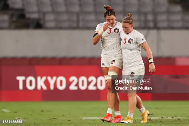 Abby Gustaitis and Alev Kelter of Team United States look dejected after being defeated by Team Great Britain in the Women’s Quarter Final match...