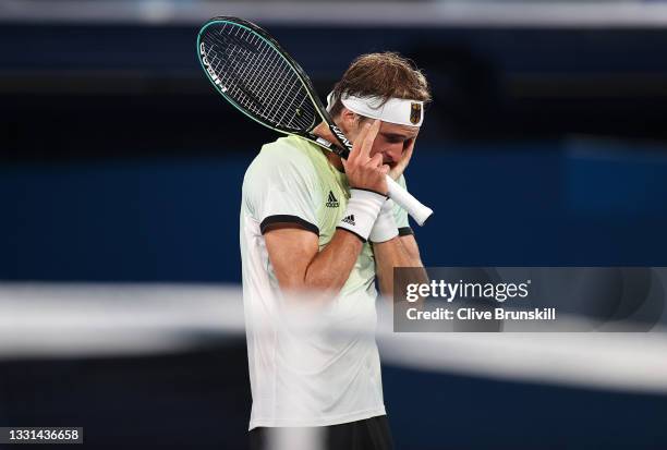 Alexander Zverev of Team Germany celebrates victory after his Men's Singles Semifinal match against Novak Djokovic of Team Serbia on day seven of the...