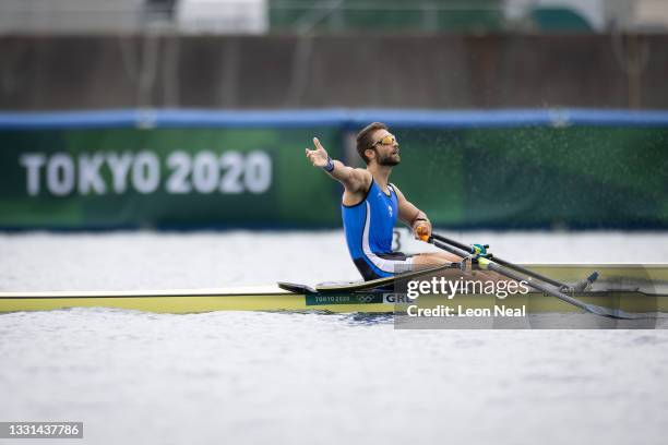 Stefanos Ntouskos of Team Greece reacts after winning the gold medal during the Men's Single Sculls Final A on day seven of the Tokyo 2020 Olympic...