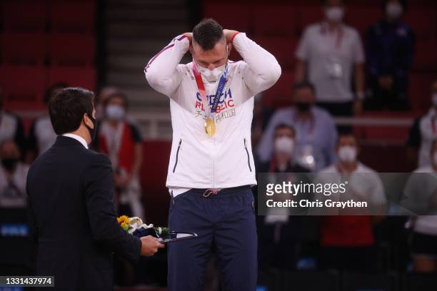 Lukas Krpalek of Team Czech Republic poses with the gold medal for the Men’s Judo +100kg event on day seven of the Tokyo 2020 Olympic Games at Nippon...