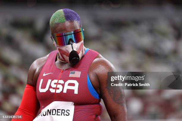 Raven Saunders of Team United States looks on in the Women's Shot Put on day seven of the Tokyo 2020 Olympic Games at Olympic Stadium on July 30,...