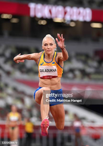 Olha Saladukha of Team Ukraine competes in the Women's Triple Jump Qualification on day seven of the Tokyo 2020 Olympic Games at Olympic Stadium on...