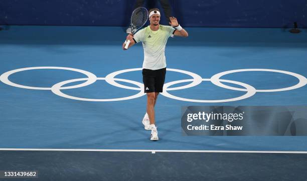 Alexander Zverev of Team Germany celebrates victory after his Men's Singles Semifinal match against Novak Djokovic of Team Serbia on day seven of the...