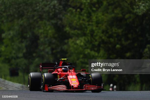 Carlos Sainz of Spain driving the Scuderia Ferrari SF21 during practice ahead of the F1 Grand Prix of Hungary at Hungaroring on July 30, 2021 in...