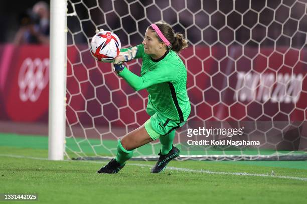 Stephanie Labbe of Team Canada saves the Team Brazil fifth penalty taken by Rafaelle to win in the penalty shoot out during the Women's Quarter Final...