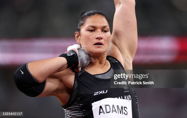 Valerie Adams of Team New Zealand competes in the Women's Shot Put Qualification on day seven of the Tokyo 2020 Olympic Games at Olympic Stadium on...