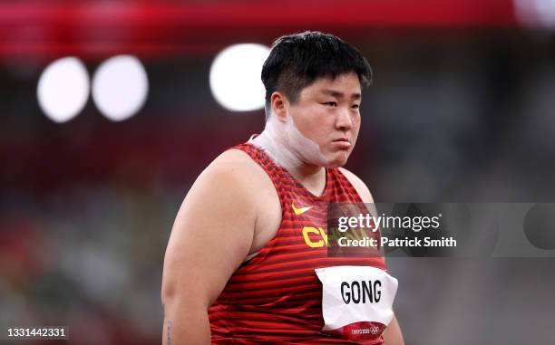 Lijiao Gong of Team China competes in the Women's Shot Put on day seven of the Tokyo 2020 Olympic Games at Olympic Stadium on July 30, 2021 in Tokyo,...