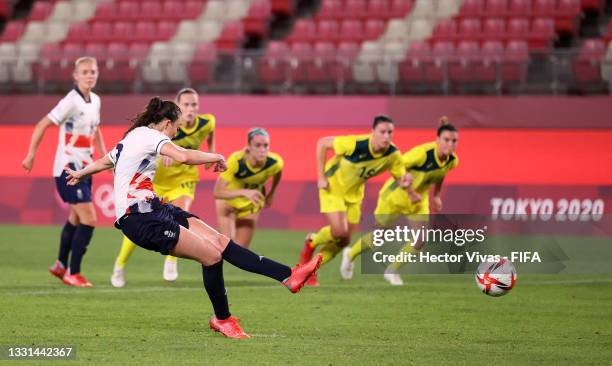 Caroline Weir of Team Great Britain takes a penalty which is saved during the Women's Quarter Final match between Great Britain and Australia on day...