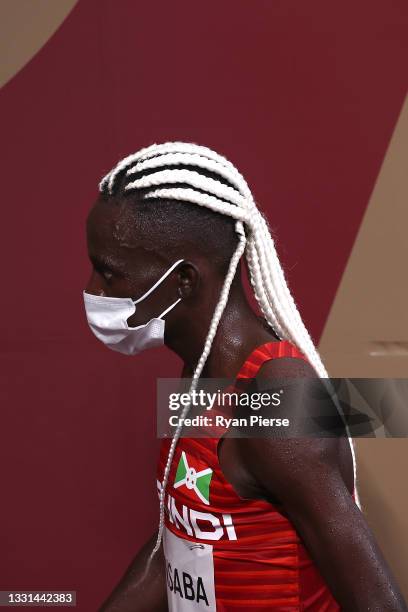 Francine Niyonsaba of Team Burundi looks on after competing in the Women's 5000m Round 1 on day seven of the Tokyo 2020 Olympic Games at Olympic...