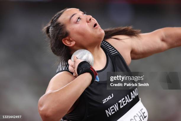 Maddison-Lee Wesche of Team New Zealand competes in the Women's Shot Put Qualification on day seven of the Tokyo 2020 Olympic Games at Olympic...