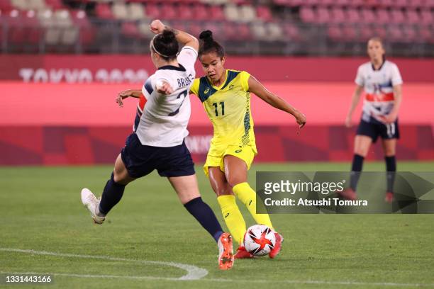 Mary Fowler of Team Australia scores their side's third goal during the Women's Quarter Final match between Great Britain and Australia on day seven...