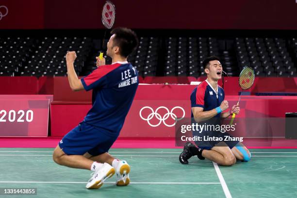 Lee Yang and Wang Chi-lin of Team Chinese Taipei celebrate as they win against Mohammad Ahsan and Hendra Setiawan of Team Indonesia during a Men’s...