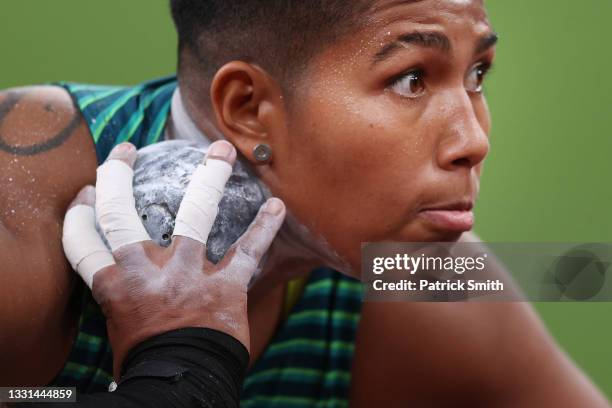 Geisa Arcanjo of Team Brazil competes in the Women's Shot Put Qualification on day seven of the Tokyo 2020 Olympic Games at Olympic Stadium on July...