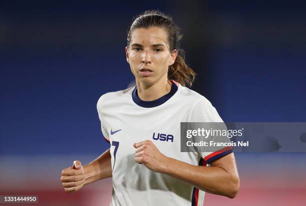 Tobin Heath of Team United States looks on during the Women's Quarter Final match between Netherlands and United States on day seven of the Tokyo...