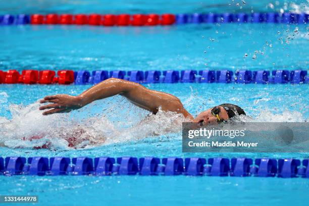Long Cheng of Team China competes in heat two of the Men's 1500m Freestyle on day seven of the Tokyo 2020 Olympic Games at Tokyo Aquatics Centre on...