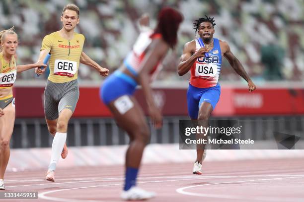 Elija Godwin of Team United States competes in the Mixed 4x400 metres relay round 1 on day seven of the Tokyo 2020 Olympic Games at Olympic Stadium...