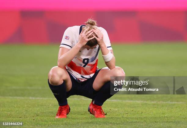 Ellen White of Team Great Britain looks dejected after the Women's Quarter Final match between Great Britain and Australia on day seven of the Tokyo...