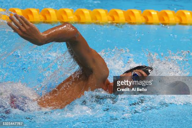 Gregorio Paltrinieri of Team Italy competes in heat four of the Men's 1500m Freestyle on day seven of the Tokyo 2020 Olympic Games at Tokyo Aquatics...