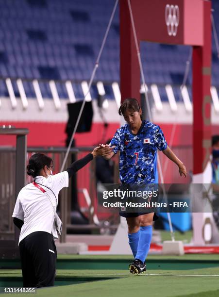 Emi Nakajima of Team Japan after being substituted during the Women's Quarter Final match between Sweden and Japan on day seven of the Tokyo 2020...