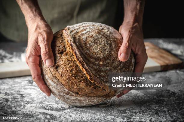 manos masculinas sosteniendo pan de masa madre marrón pan redondo integral estilo alemán casero - bread fotografías e imágenes de stock