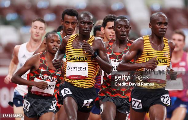 Joshua Cheptegei of Team Uganda competes in the Men's 10,000 metres Final on day seven of the Tokyo 2020 Olympic Games at Olympic Stadium on July 30,...