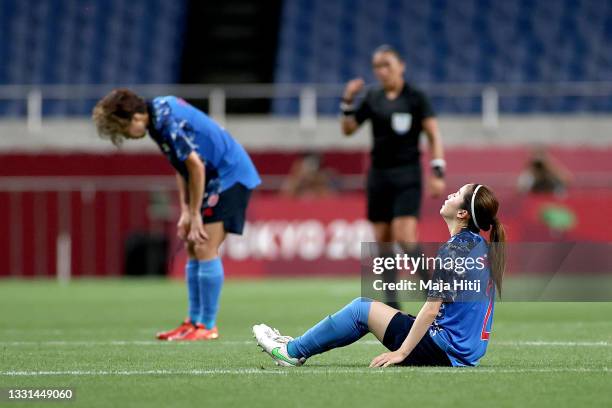 Risa Shimizu of Team Japan looks dejected following defeat in the Women's Quarter Final match between Sweden and Japan on day seven of the Tokyo 2020...