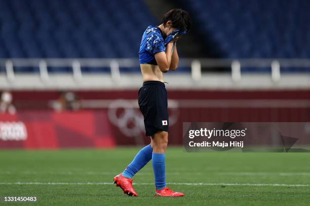 Hina Sugita of Team Japan looks dejected following defeat in the Women's Quarter Final match between Sweden and Japan on day seven of the Tokyo 2020...