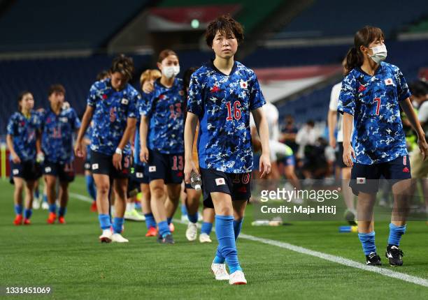 Asato Miyagawa of Team Japan looks dejected following defeat in the Women's Quarter Final match between Sweden and Japan on day seven of the Tokyo...