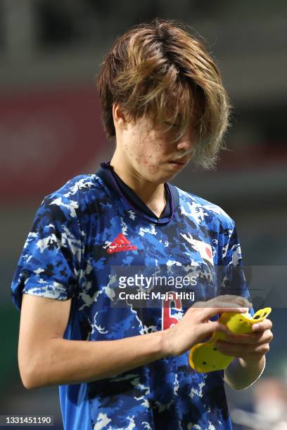 Hina Sugita of Team Japan looks dejected following defeat in the Women's Quarter Final match between Sweden and Japan on day seven of the Tokyo 2020...