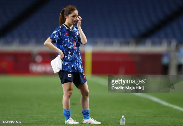 Risa Shimizu of Team Japan looks dejected following defeat in the Women's Quarter Final match between Sweden and Japan on day seven of the Tokyo 2020...