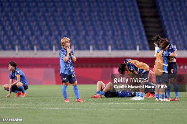 Honoka Hayashi of Team Japan looks dejected following defeat in the Women's Quarter Final match between Sweden and Japan on day seven of the Tokyo...