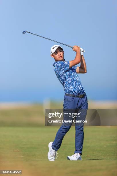 Collin Morikawa of the United States plays his second shot on the eighth hole during the final round of The 149th Open at Royal St George’s Golf Club...