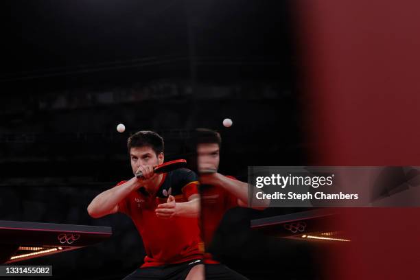 Dimitrij Ovtcharov of Team Germany in action during his Men's Singles Bronze Medal match on day seven of the Tokyo 2020 Olympic Games at Tokyo...