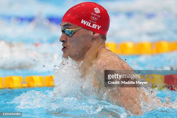James Wilby of Team Great Britain competes in heat two of the Men's 4 x 100m Medley Relay on day seven of the Tokyo 2020 Olympic Games at Tokyo...