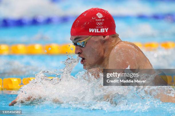 James Wilby of Team Great Britain competes in heat two of the Men's 4 x 100m Medley Relay on day seven of the Tokyo 2020 Olympic Games at Tokyo...