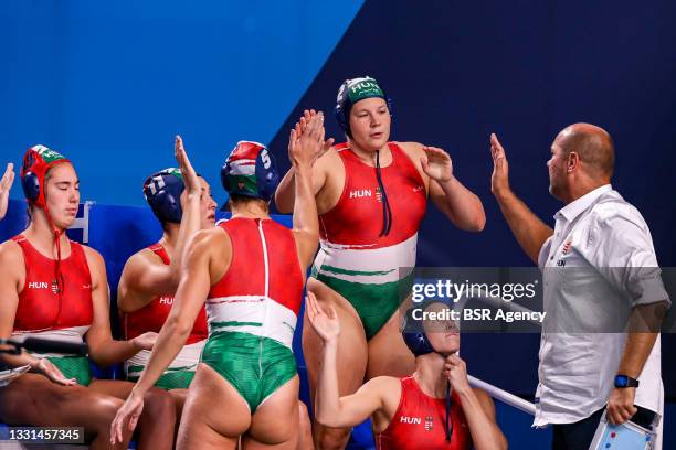 Alda Magyari of Hungary, Natasa Rybanska of Hungary, Gabriella Szucs of Hungary, Dorottya Szilagyi of Hungary, Vanda Valyi of Hungary, head coach...