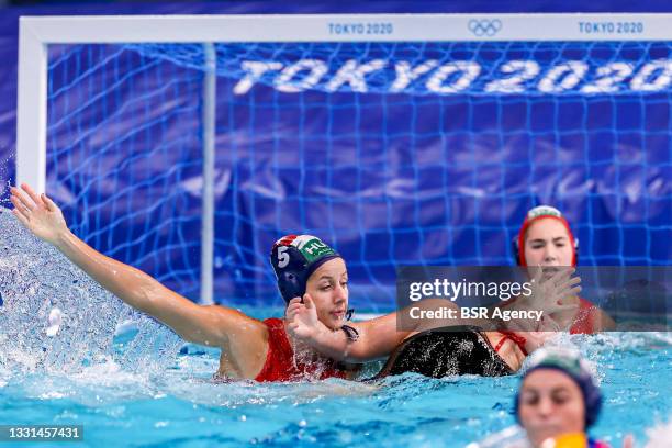 Gabriella Szucs of Hungary, Minori Yamamoto of Japan during the Tokyo 2020 Olympic Waterpolo Tournament women match between Japan and Hungary at...